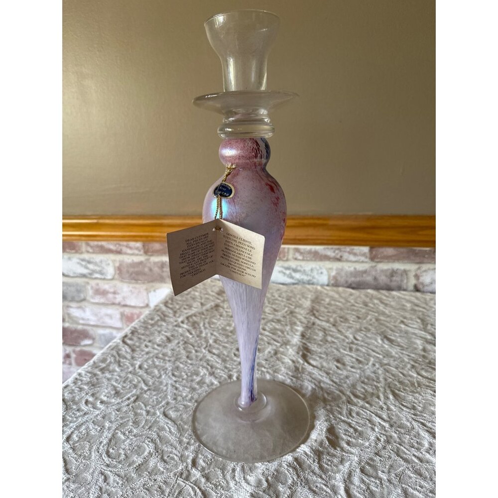Vintage Murano Glass Pink & Blue Swirled Candlestick Made In Italy Cristalvi